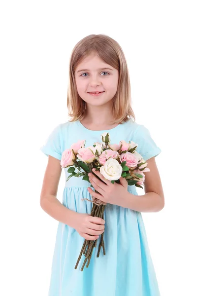 Beautiful little girl holding bouquet isolated on white — Stock Photo, Image