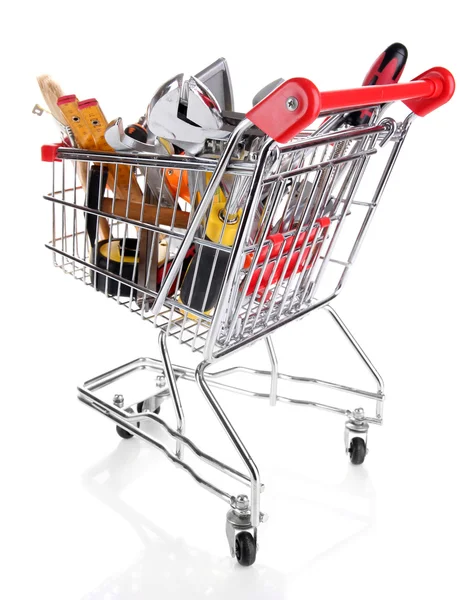 Construction tools in shopping cart isolated on white — Stock Photo, Image