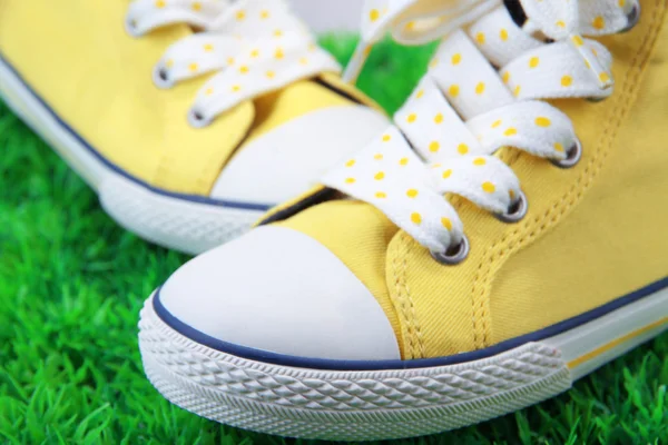 Belle scarpe da ginnastica su sfondo erba verde — Foto Stock