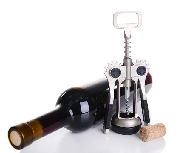 Corkscrew with bottle of wine isolated on white — Stock Photo, Image