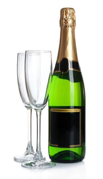 Şişe şampanya ve boş gözlük, üzerinde beyaz izole — Stok fotoğraf