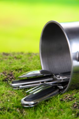 metal kupa, kaşık ve çatalı doğa zemin üzerine yeşil çimenlerin üzerinde