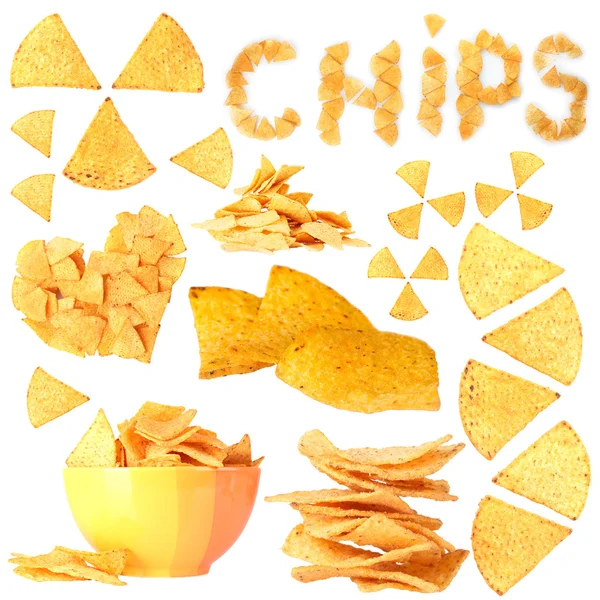 Kollázs a finom burgonya chips elszigetelt fehér — Stock Fotó