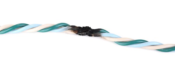 Short circuit, burnt cable, isolated on white
