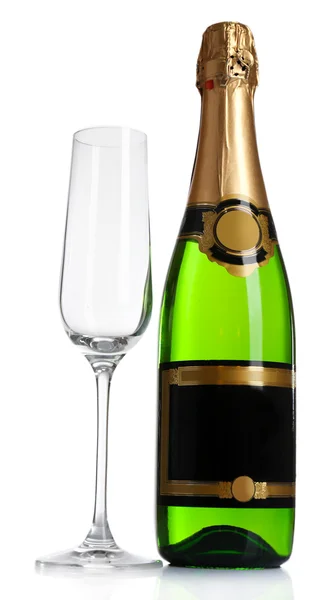 Bottle of champagne and empty champagne glass, isolated on white — Stock Photo, Image