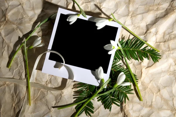 Beautiful snowdrops and empty photo paper on old paper background — Stock Photo, Image