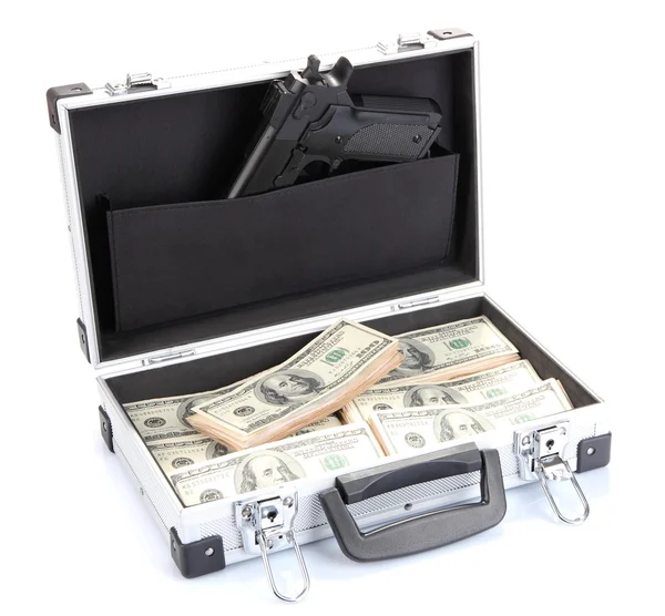 Case with money and gun, isolated on white — Stock Photo, Image