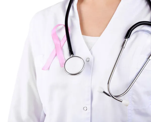 Doctor  with ribbon formed Aids symbol, close-up, isolated on white — Stock Photo, Image