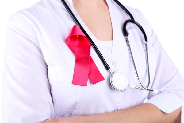 Doctor  with ribbon formed Aids symbol, close-up, isolated on white — Stock Photo, Image