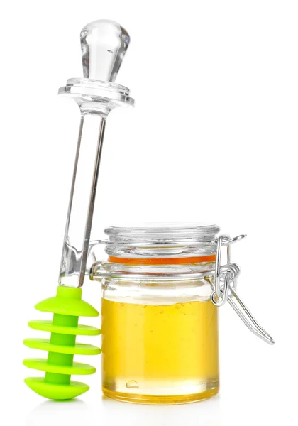 Sweet honey in glass jar isolated on white — Stock Photo, Image