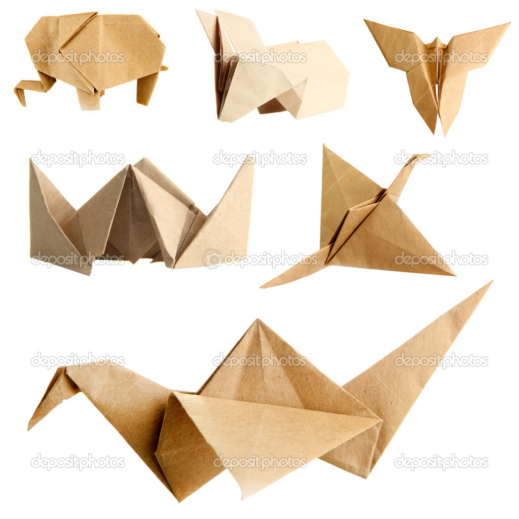 Collage of different origami papers isolated on white