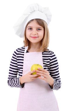 güzel küçük bir kız üzerinde beyaz izole apple holding