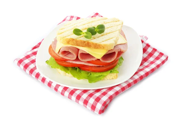 Gustoso panino con prosciutto, isolato su bianco — Foto Stock