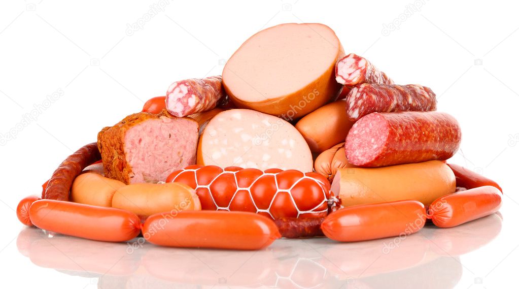 Lot of different sausages isolated on white