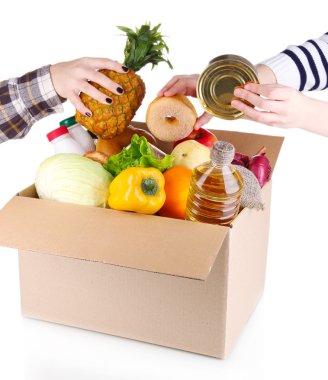 Ürünler üzerinde beyaz izole kutusunun dışarı insanlar olun