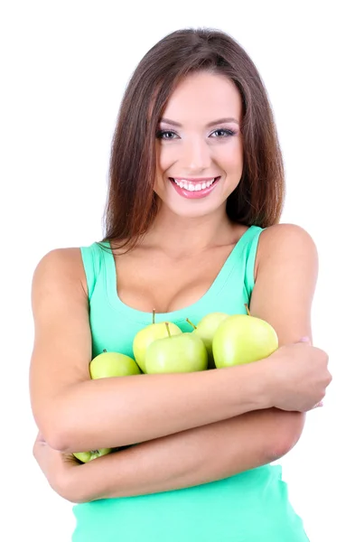 Schöne junge Frau mit grünen Äpfeln isoliert auf weiß — Stockfoto