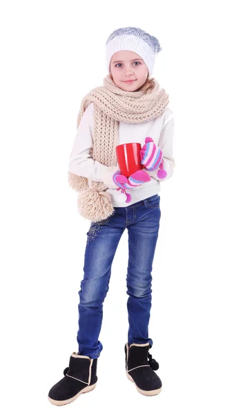 Menina bonita segurando copo vermelho isolado no branco — Fotografia de Stock