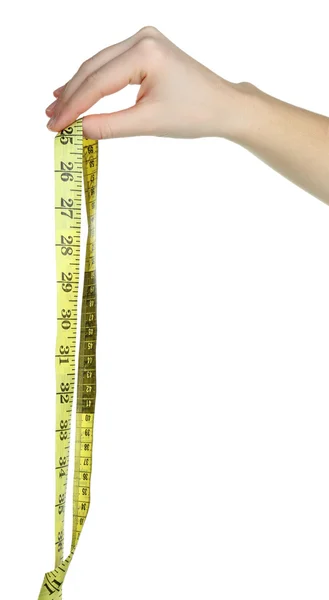 Woman hand with measuring tape isolated on white — Stock Photo, Image