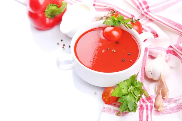 Tasty tomato soup and vegetables, isolated on white — Stock Photo, Image