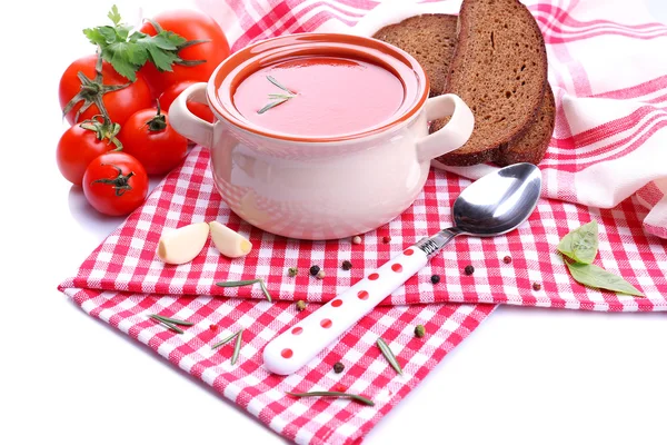 Chutná rajská polévka a zeleniny, izolované na bílém — Stock fotografie