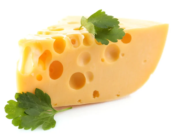 Kousek sýra na talíři, izolovaný na bílém — Stock fotografie