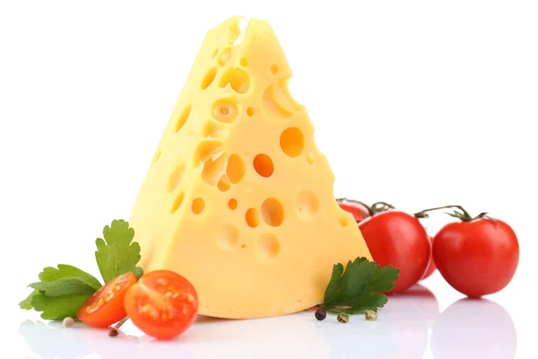 Piece of cheese and tomatoes, isolated on white — Stock Photo, Image