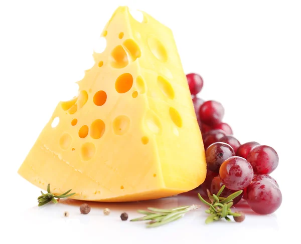 Piece of cheese with grape and rosemary, isolated on white — Stock Photo, Image