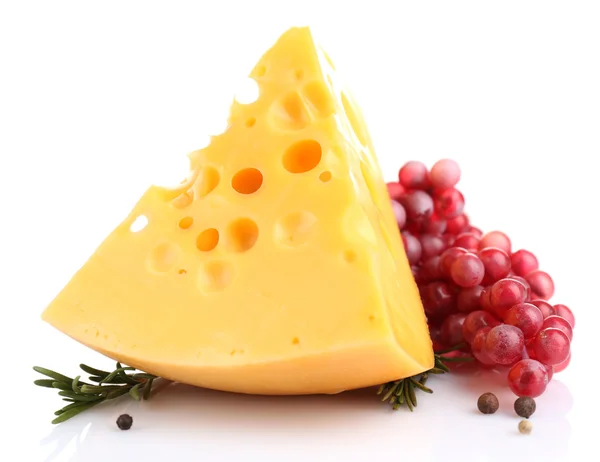Stuk kaas met druivenmost en rozemarijn, geïsoleerd op wit — Stockfoto