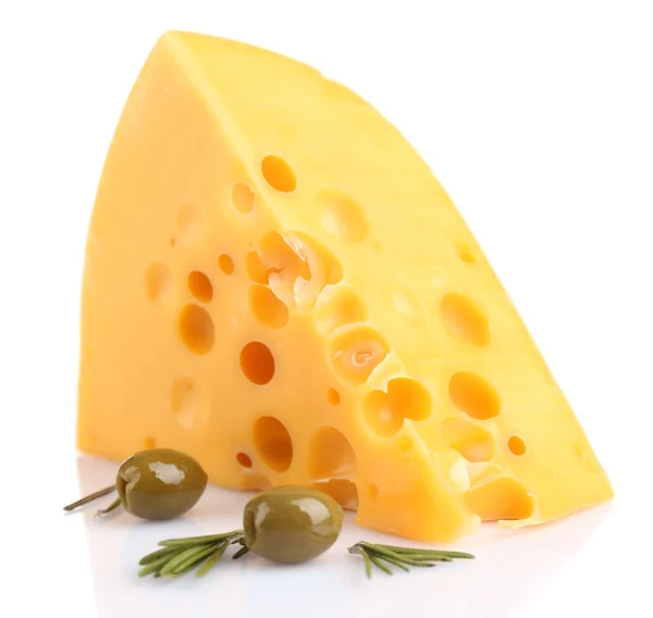 Piece of cheese with green olives, isolated on white — Stock Photo, Image