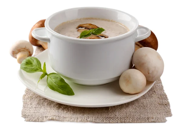 Sopa de cogumelos em tigela branca, em guardanapo, isolada em branco — Fotografia de Stock