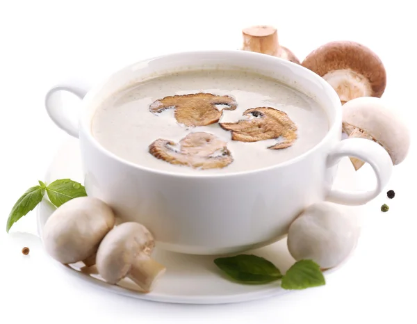 Sopa de champiñones en tazón blanco, en plato, aislado en blanco — Foto de Stock