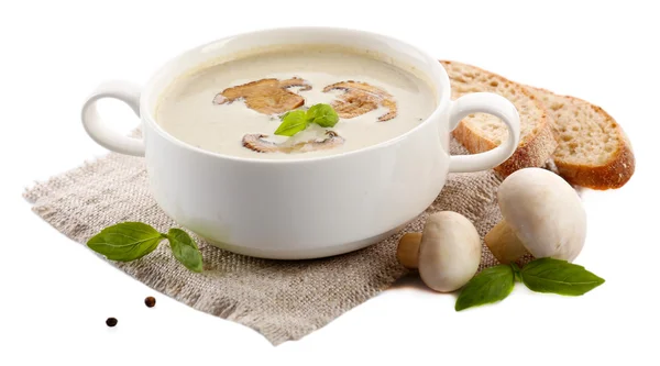 Peçete üzerinde beyaz izole üzerinde beyaz kase mantar çorbası — Stok fotoğraf