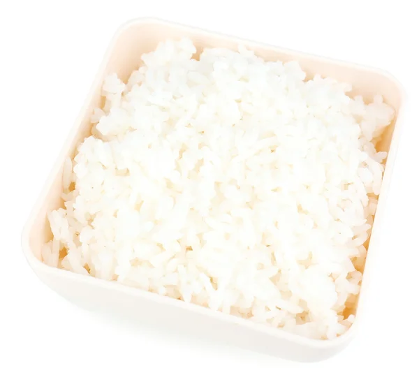 Arroz cocido en tazón aislado sobre blanco — Foto de Stock