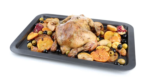 Whole roasted chicken with vegetables on tray, isolated on white — Stock Photo, Image