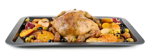 Whole roasted chicken with vegetables on tray, isolated on white — Stock Photo, Image