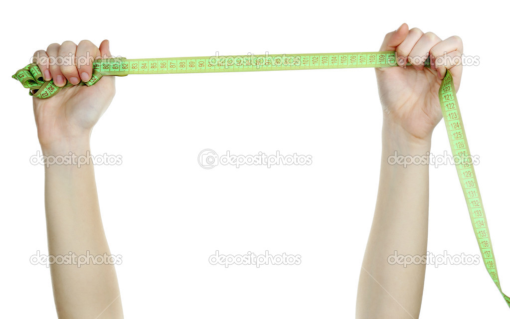 Woman hands with measuring tape isolated on white