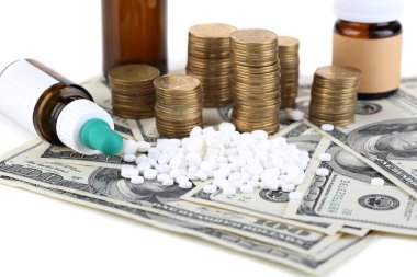reçeteli ilaçlar para temsil artan sağlık maliyetleri arka plan. beyaz izole