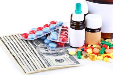 reçeteli ilaçlar para temsil artan sağlık maliyetleri arka plan. beyaz izole
