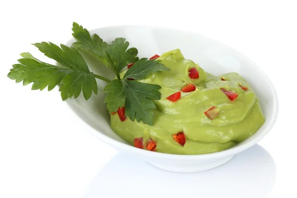 Fresh guacamole in bowl isolated on white — Stock Photo, Image