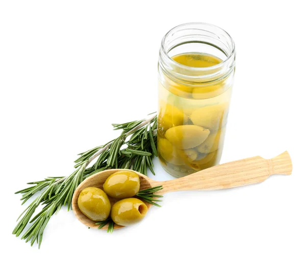 Olive saporite in vaso di vetro, isolate su bianco — Foto Stock
