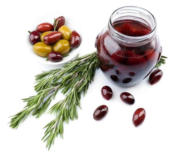 Tasty olives in glass jar, isolated on white — Stock Photo, Image