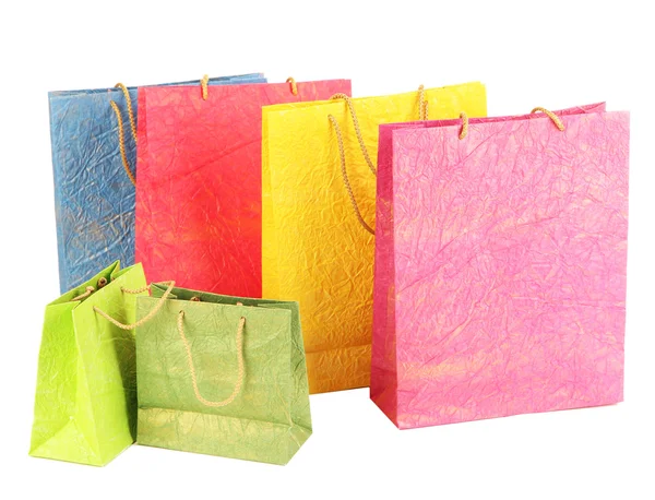 Beyaz izole renkli alışveriş torbaları — Stok fotoğraf