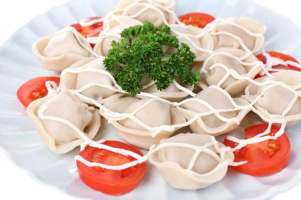 Vlees knoedels - Russisch gekookt pelmeni in plaat — Stockfoto