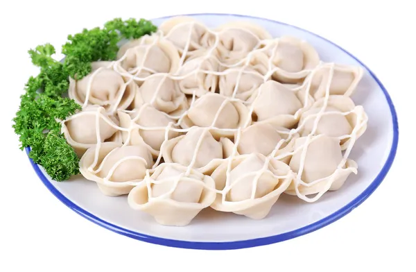 Meat dumplings - russian boiled pelmeni in plate isolated on white — Stock Photo, Image