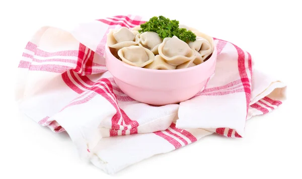 Bolinhos de carne - pelmeni fervido russo em tigela isolada em branco — Fotografia de Stock