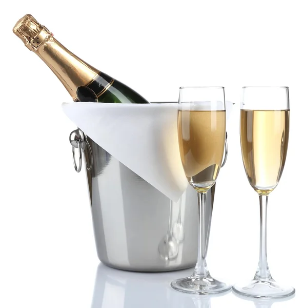 Glasses of champagne in pail, isolated on white — Stock Photo, Image