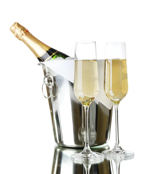 Glasses of champagne and bottle in pail, isolated on white — Stock Photo, Image