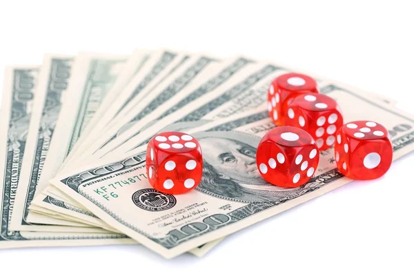 Red dices and money, isolated on white — Stock Photo, Image