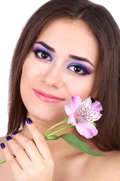 Beautiful young woman with flower close up — Stock Photo, Image