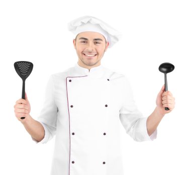 beyaz üniforma ve şapka, üzerinde beyaz izole profesyonel şef